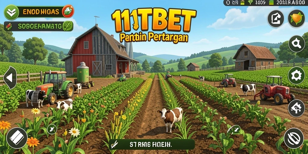 Screenshot gameplay 11TBET menampilkan ladang pertanian yang indah dan beragam tanaman.