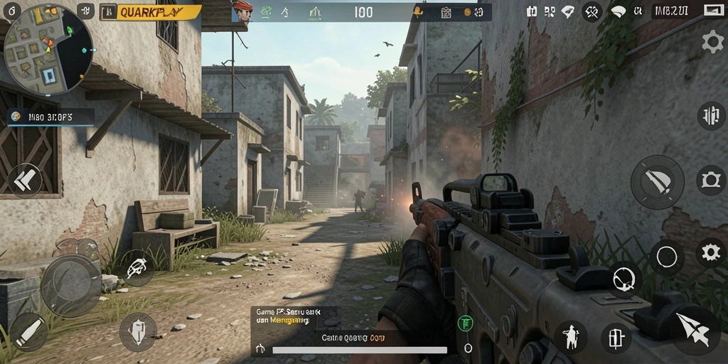 Screenshot gameplay QUARKPLAY yang menampilkan aksi tembak-menembak intens.
